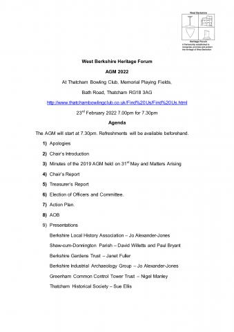 West Berkshire Heritage Forum AGM Agenda 23rd February 2022